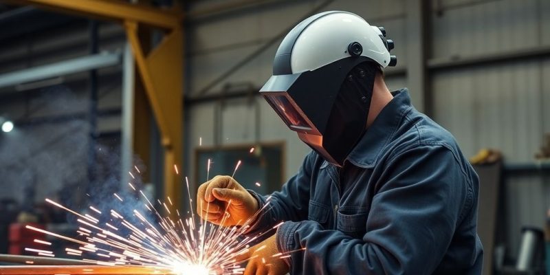 Welder at work with sparks in Melbourne's industrial setting.