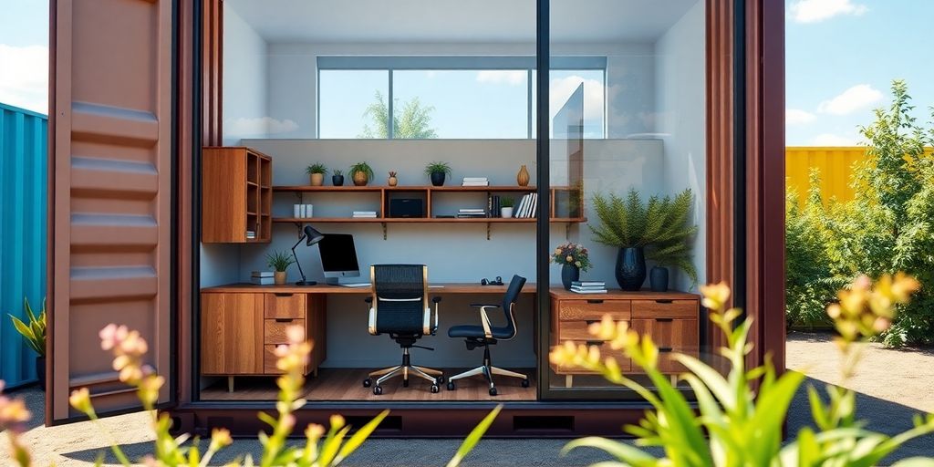 Modern office inside a shipping container with greenery outside.