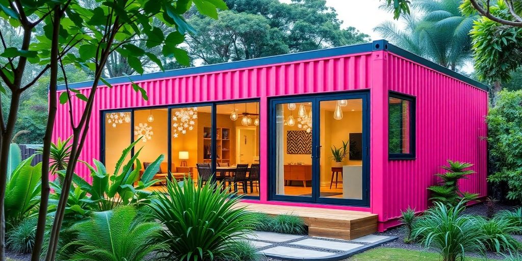 Colourful shipping container home in Queensland's natural surroundings.