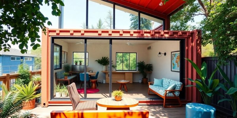 Colorful office shipping container in a green outdoor setting.