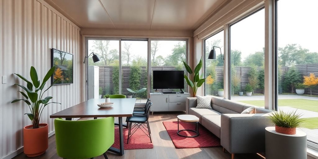 Modern container office with bright colors and natural light.