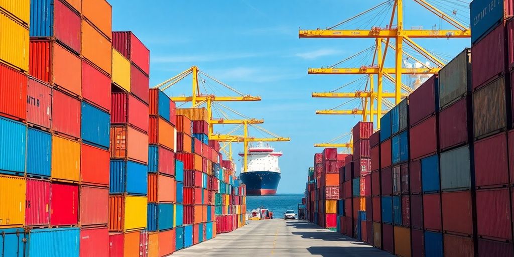 Colourful shipping containers at a busy port.