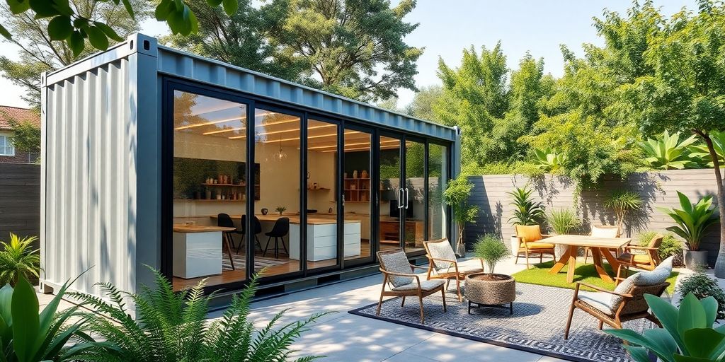 Modern shipping container office with large windows and greenery.