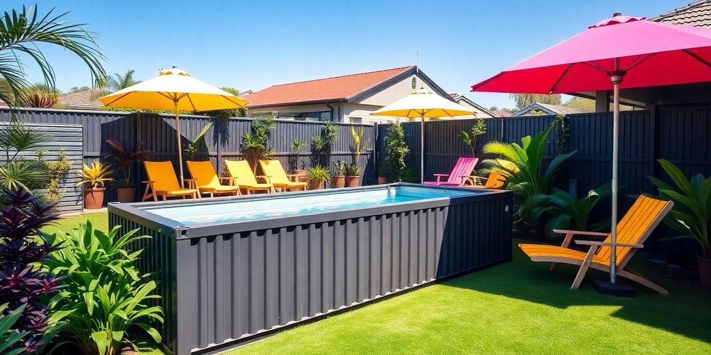 Stylish shipping container pool in a lush backyard setting.