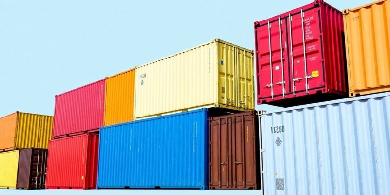 Different lengths of colourful shipping containers lined up.