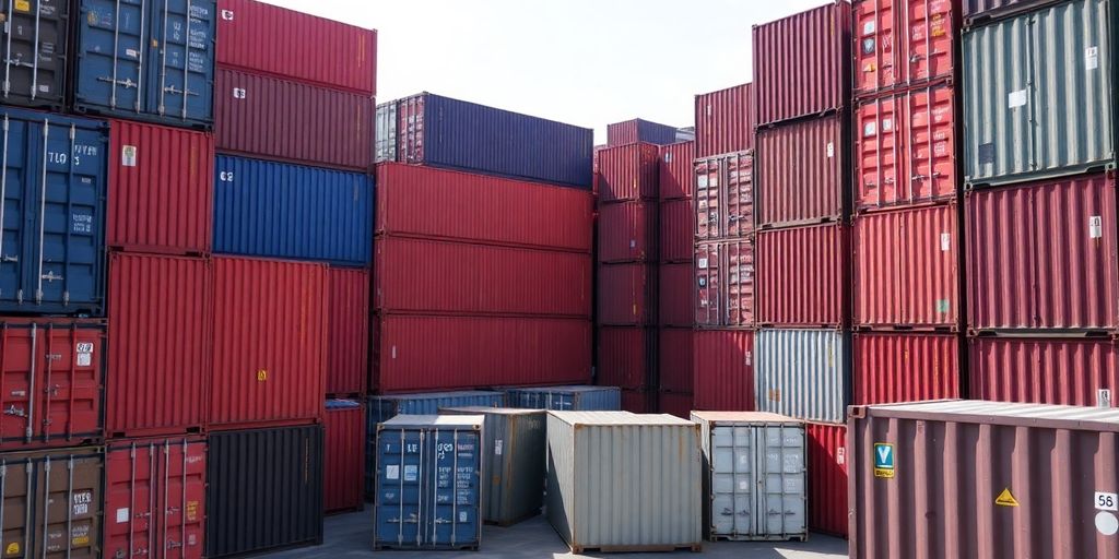 Different shipping containers in a yard, showing sizes.