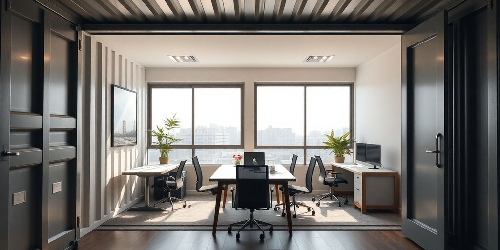 Modern office in a shipping container with stylish design.