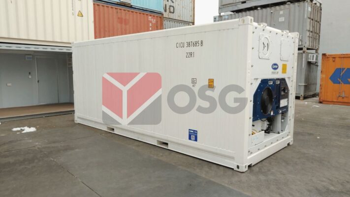 Container on shipping yard, surrounded by other containers.