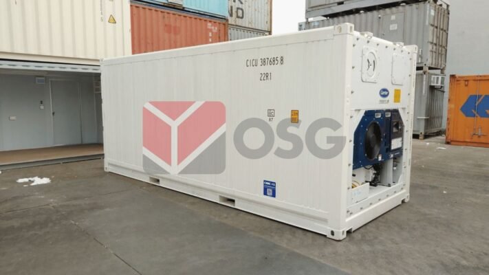 Container on shipping yard, surrounded by other containers.