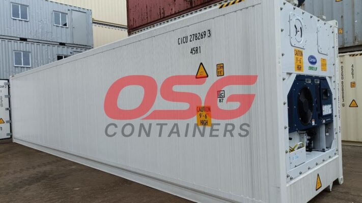 A white refrigerated shipping container with OSG Containers logo.