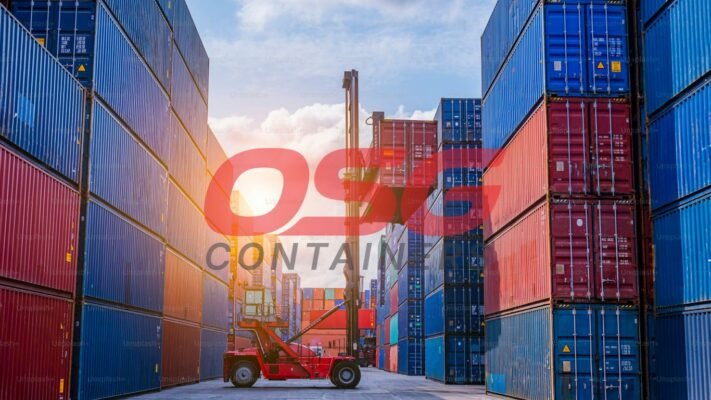 Rows of shipping containers are stacked high at a port.