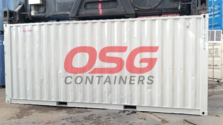 A white shipping container with OSG Containers logo.
